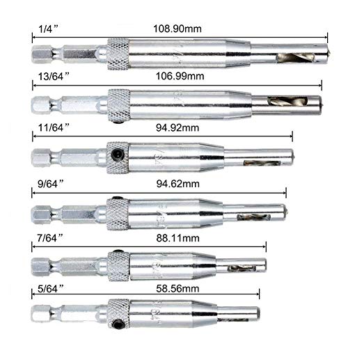 6pcs Hinge Drill Bit,Self Centering Hinge Cabinet Door Wood Drill Bit Set 5/64 7/64 9/64 11/64 13/64 1/4