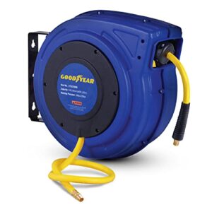 goodyear air hose reel retractable 3/8" inch x 65' feet premium commercial flex hybrid polymer hose max 300 psi heavy duty spring driven polypropylene construction w/lead-in hose and pvc handle