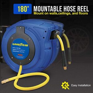 Goodyear Air Hose Reel Retractable 3/8" Inch x 65' Feet Premium Commercial Flex Hybrid Polymer Hose Max 300 Psi Heavy Duty Spring Driven Polypropylene Construction w/Lead-in Hose and PVC Handle