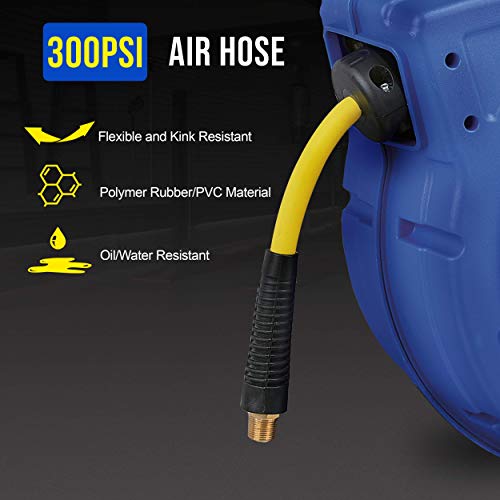 Goodyear Air Hose Reel Retractable 3/8" Inch x 65' Feet Premium Commercial Flex Hybrid Polymer Hose Max 300 Psi Heavy Duty Spring Driven Polypropylene Construction w/Lead-in Hose and PVC Handle