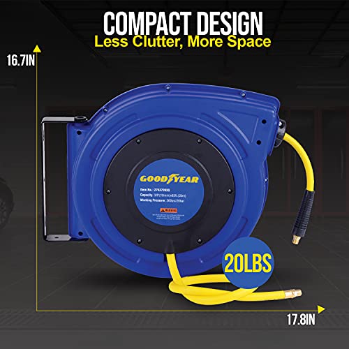 Goodyear Air Hose Reel Retractable 3/8" Inch x 65' Feet Premium Commercial Flex Hybrid Polymer Hose Max 300 Psi Heavy Duty Spring Driven Polypropylene Construction w/Lead-in Hose and PVC Handle