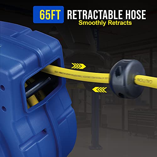 Goodyear Air Hose Reel Retractable 3/8" Inch x 65' Feet Premium Commercial Flex Hybrid Polymer Hose Max 300 Psi Heavy Duty Spring Driven Polypropylene Construction w/Lead-in Hose and PVC Handle