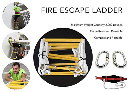 ISOP Emergency Fire Escape Rope Ladder 4 Story Homes 32 ft Innovative Solution - Unique Safety Ladder with Carabiners & Safety Cord & Safety Belt - Fast Deploy & Simple to Use - Compact & Reusable