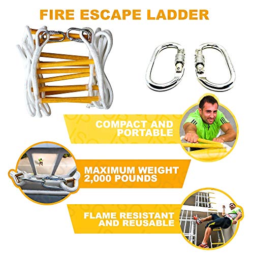 ISOP Emergency Fire Escape Rope Ladder 4 Story Homes 32 ft Innovative Solution - Unique Safety Ladder with Carabiners & Safety Cord & Safety Belt - Fast Deploy & Simple to Use - Compact & Reusable