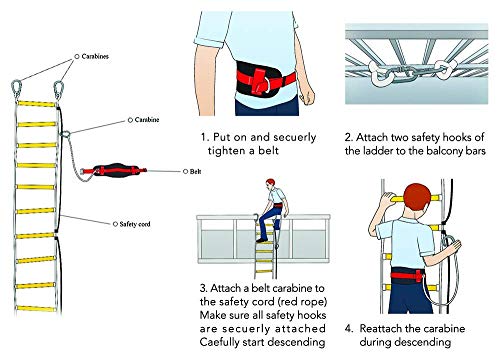 ISOP Emergency Fire Escape Rope Ladder 4 Story Homes 32 ft Innovative Solution - Unique Safety Ladder with Carabiners & Safety Cord & Safety Belt - Fast Deploy & Simple to Use - Compact & Reusable