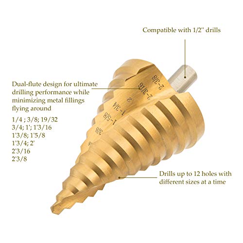 ZELCAN Large HSS Spiral Groove Step Drill Bit, 12 Sizes Titanium High Speed Steel 1/4" to 2-3/8" Drill Bit for Sheet Aluminium Metal Wood Hole Drilling, Big Multiple Hole Stepped Up Bit for DIY Lovers