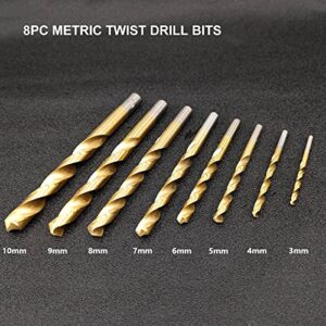 Hymnorq 3 to 10mm Metric Titanium Coated HSS Twist Drill Bit Set of 8pcs to Drill Wood Plastic and Soft Metal for Household, DIY Work, Etc.