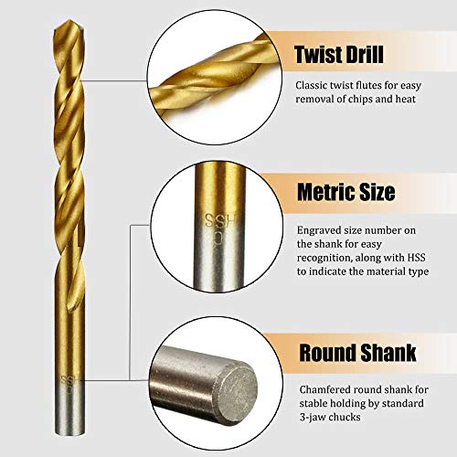 Hymnorq 3 to 10mm Metric Titanium Coated HSS Twist Drill Bit Set of 8pcs to Drill Wood Plastic and Soft Metal for Household, DIY Work, Etc.