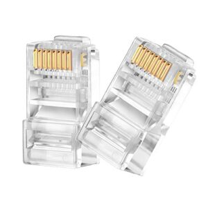 kinoth rj45 cat6 pass through connectors 100 pack - easy and fast termination - gold plated 3 prong 8p8c modular ethernet utp network cable plug end for cat6 cat5e