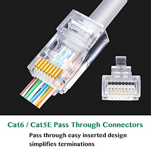 Kinoth RJ45 CAT6 Pass Through Connectors 100 Pack - Easy and Fast Termination - Gold Plated 3 Prong 8P8C Modular Ethernet UTP Network Cable Plug End for Cat6 Cat5e
