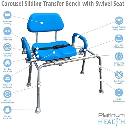 Carousel Sliding Shower Chair Transfer Bench with Swivel Seat, Premium Padded Bath, with Pivoting Arms, Adjustable Space Saving Design for Tubs, Shower, for Handicap & Seniors, Gray