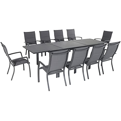 Hanover Naples 11-Piece Patio Dining Set with Rust-Free Aluminum 40" x 118" Expanding Rectangular Dining Table with 10 High-Back Stackable Sling Chairs