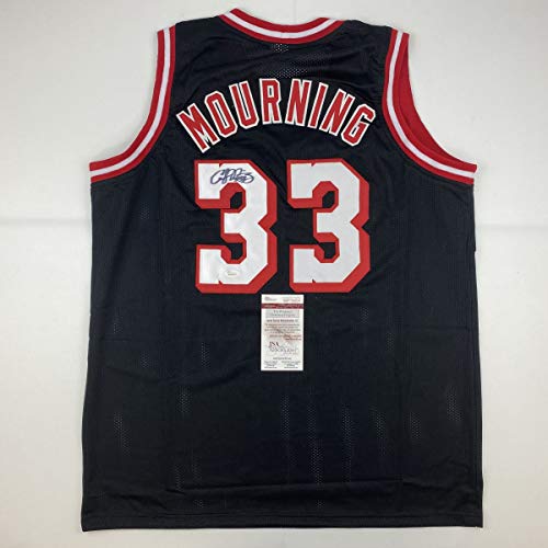 Autographed/Signed Alonzo Mourning Miami Black Basketball Jersey JSA COA