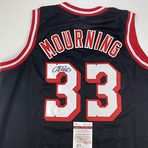 Autographed/Signed Alonzo Mourning Miami Black Basketball Jersey JSA COA