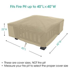 SunPatio Outdoor Square Fire Pit Cover 42 Inch, Waterproof Firepit/Table Cover, Heavy Duty Patio Furniture Set Cover, All Weather Protection, Beige