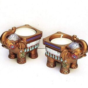 Painted Gold Elephant Tea Light Candle Holder Boho Indian Decor Accents Bohemian Decorations Small Gifts