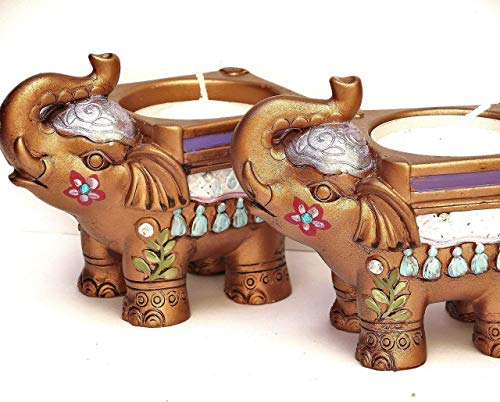 Painted Gold Elephant Tea Light Candle Holder Boho Indian Decor Accents Bohemian Decorations Small Gifts
