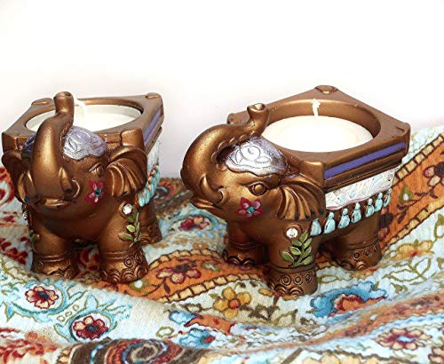 Painted Gold Elephant Tea Light Candle Holder Boho Indian Decor Accents Bohemian Decorations Small Gifts