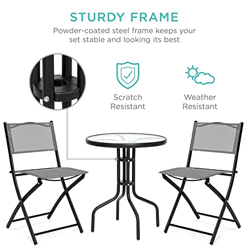 Best Choice Products 3-Piece Patio Bistro Dining Furniture Set w/Textured Glass Tabletop, 2 Folding Chairs, Steel Frame, Polyester Fabric - Gray