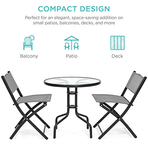 Best Choice Products 3-Piece Patio Bistro Dining Furniture Set w/Textured Glass Tabletop, 2 Folding Chairs, Steel Frame, Polyester Fabric - Gray