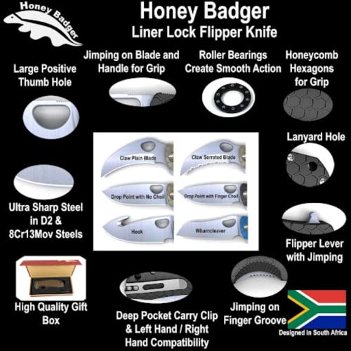 Honey Badger Drop Point Pocket Knife - 3.19" Folding Pocket Tactical Knife for Women & Men, Drop Point Blade Camping Knife, Stainless Steel Pocket Knife for Utility Work (Black, 8Cr13Mov, 3.19"/81mm)