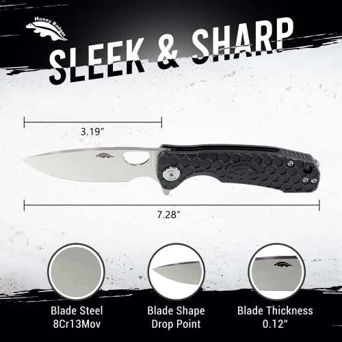 Honey Badger Drop Point Pocket Knife - 3.19" Folding Pocket Tactical Knife for Women & Men, Drop Point Blade Camping Knife, Stainless Steel Pocket Knife for Utility Work (Black, 8Cr13Mov, 3.19"/81mm)