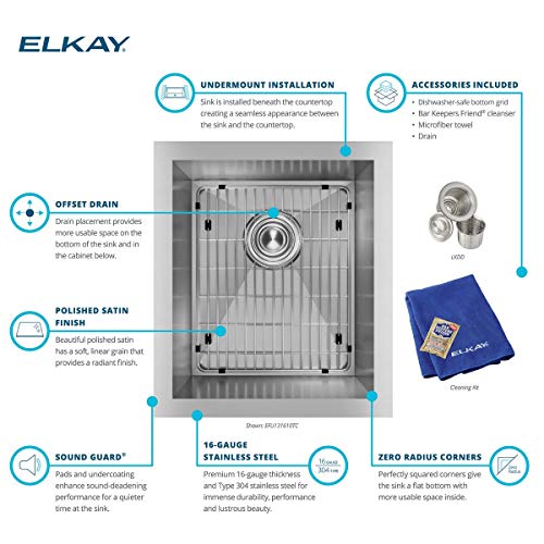 Elkay Crosstown 16 Gauge Stainless Steel 16" x 18-1/2" x 10", Single Bowl Undermount Sink Kit , Polished Satin - EFU131610TC