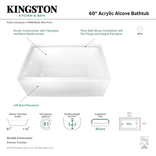 Kingston Brass Aqua Eden VTAP603622L 60-Inch Acrylic Alcove Tub with Left Hand Drain, White