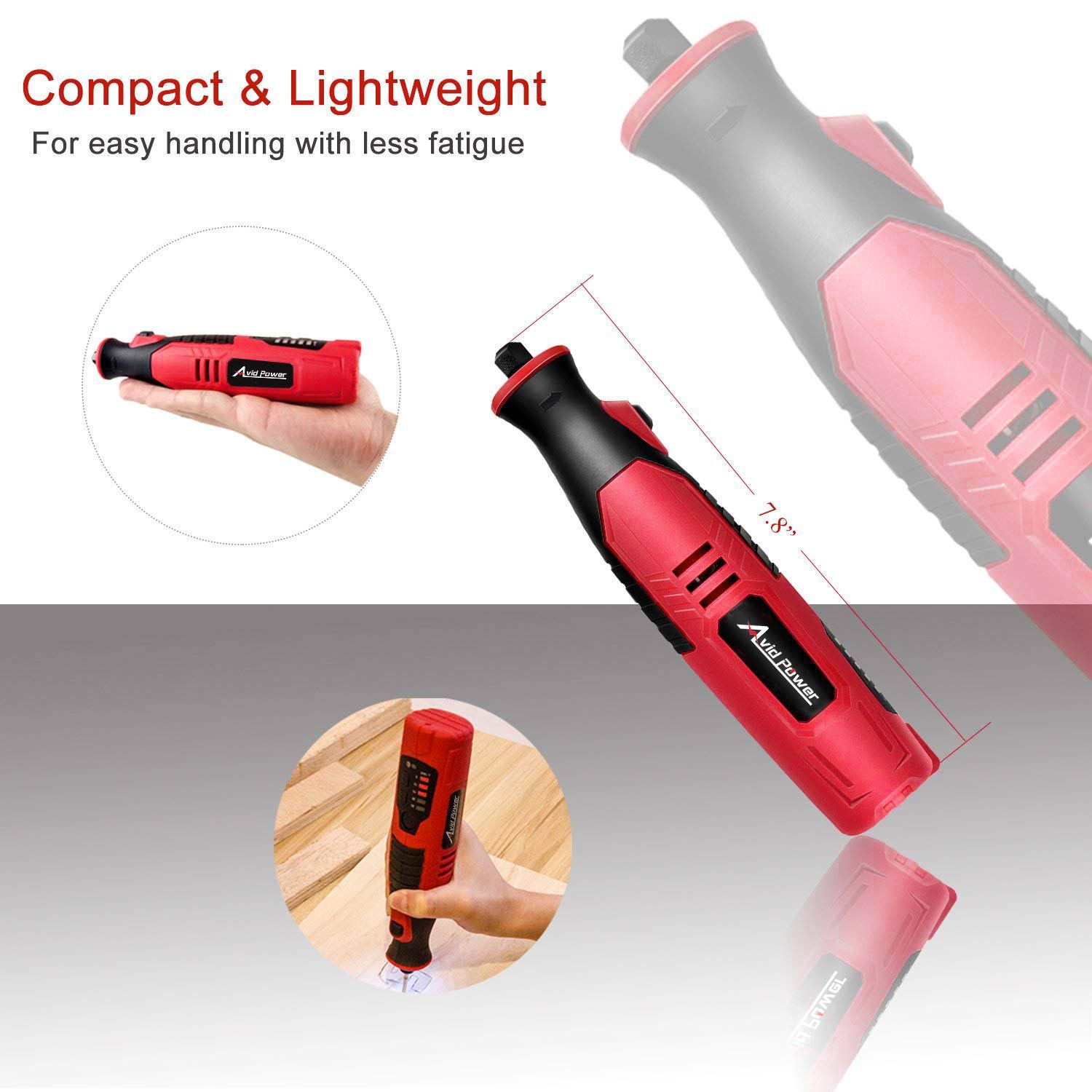 AVID POWER Cordless Rotary Tool 2.0 Ah 8V Rechargeable Rotary Tool, 4 Front LED Lights, 5 Speeds, 60 Pcs Rotary Tool Accessories with Bag for Carving, Engraving, Sanding, Polishing and Cutting - Red