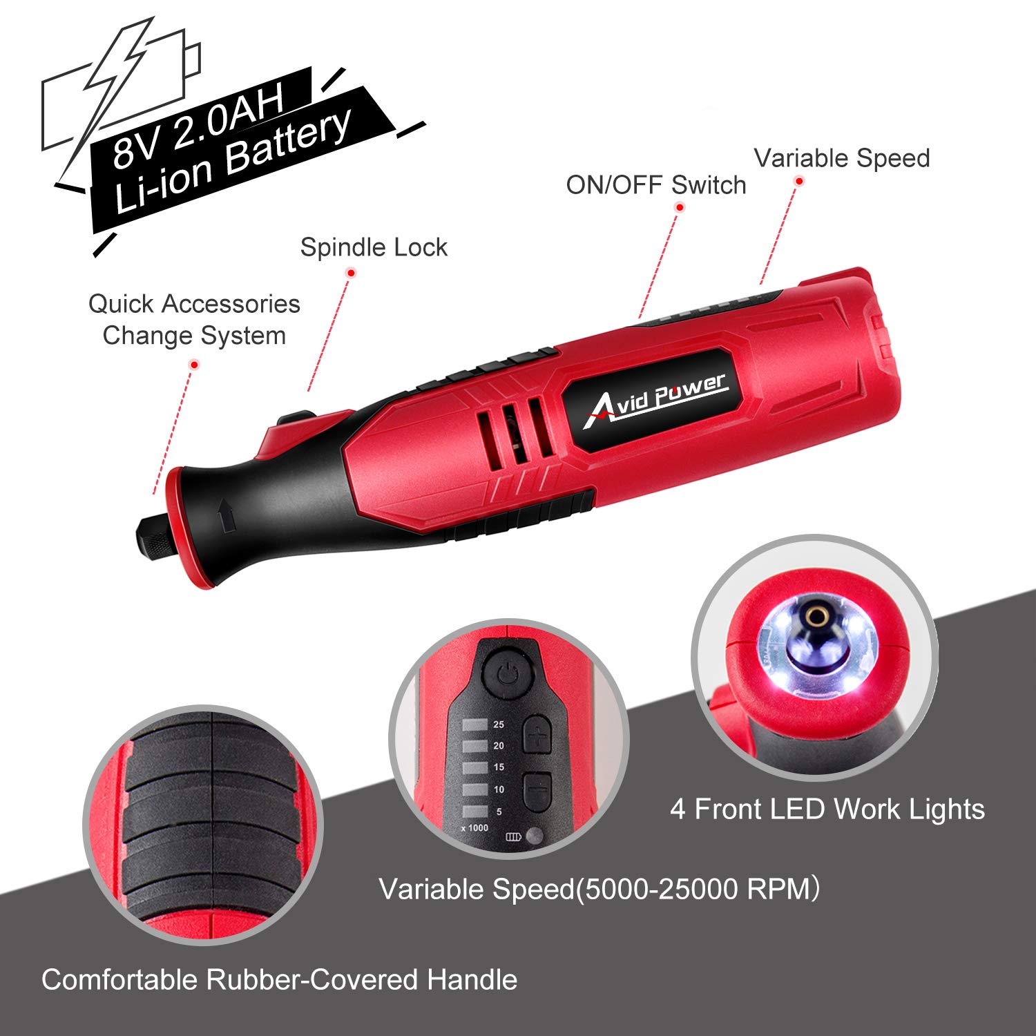AVID POWER Cordless Rotary Tool 2.0 Ah 8V Rechargeable Rotary Tool, 4 Front LED Lights, 5 Speeds, 60 Pcs Rotary Tool Accessories with Bag for Carving, Engraving, Sanding, Polishing and Cutting - Red