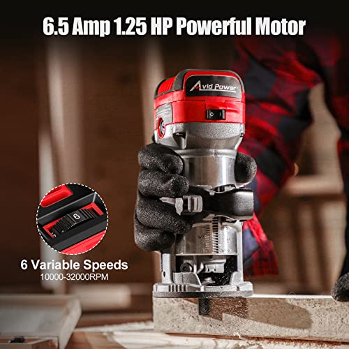 AVID POWER 6.5 Amp 1.25 HP Compact Router Tools for Woodworking, Fixed Base Wood Router with Trim Router Bits, 6 Variable Speeds, Edge Guide, Roller Guide, Dust Hood and Carrying Bags