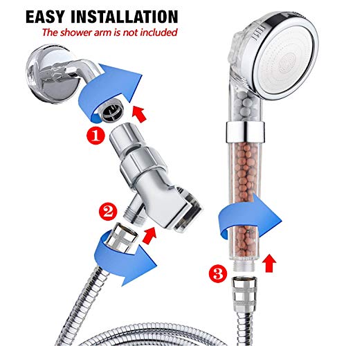 PRUGNA Filter Shower Head with Hose and Shower Arm Bracket, High Pressure & Water Saving Handheld Shower, 3-Settings Filter Showerhead for Dry Hair & Skin SPA