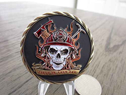 Firefighter Fireman First Responder First in Last Out 911 Skull Challenge Coin