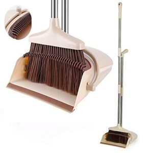 broom and dustpan set upright self-cleaning sweeping standing set use for office kitchen home and lobby broom and dustpan combo (beige)