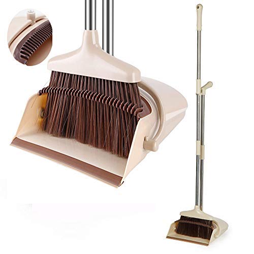 Broom and Dustpan Set Upright Self-Cleaning Sweeping Standing Set Use for Office Kitchen Home and Lobby Broom and Dustpan Combo (Beige)