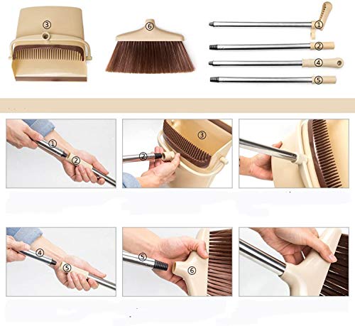 Broom and Dustpan Set Upright Self-Cleaning Sweeping Standing Set Use for Office Kitchen Home and Lobby Broom and Dustpan Combo (Beige)