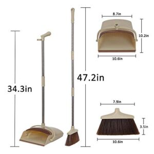 Broom and Dustpan Set Upright Self-Cleaning Sweeping Standing Set Use for Office Kitchen Home and Lobby Broom and Dustpan Combo (Beige)