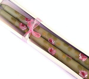 dripless unscented olive sage green romantic 10 inch long taper dinner candles set with painted pink roses