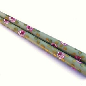 Dripless Unscented Olive Sage Green Romantic 10 Inch Long Taper Dinner Candles Set with Painted Pink Roses