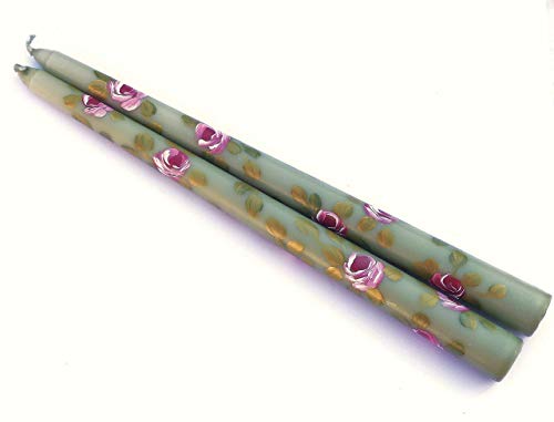 Dripless Unscented Olive Sage Green Romantic 10 Inch Long Taper Dinner Candles Set with Painted Pink Roses