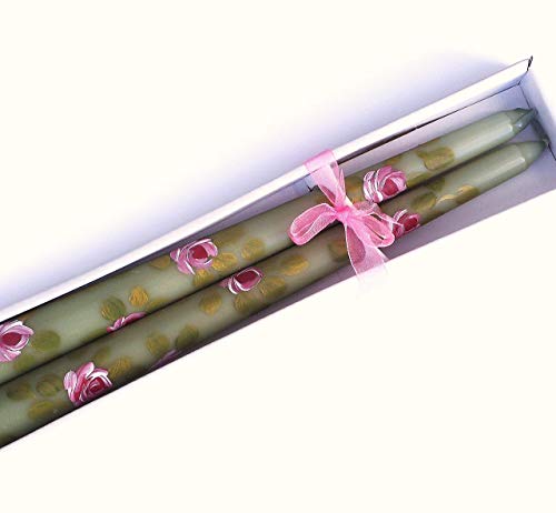Dripless Unscented Olive Sage Green Romantic 10 Inch Long Taper Dinner Candles Set with Painted Pink Roses