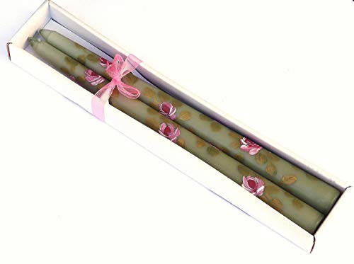 Dripless Unscented Olive Sage Green Romantic 10 Inch Long Taper Dinner Candles Set with Painted Pink Roses