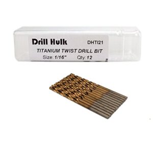 pack of 12, 1/16-inch titanium nitride coated drill bit, premium m2 high speed steel, jobber length, for metal, plastic, wood