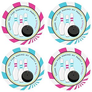 girl bowling party thank you sticker labels by adore by nat - kids entertainment sports birthday favors- set of 30