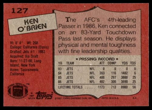 1987 Topps #127 Ken O'Brien New York Jets