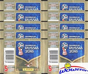 2018 panini fifa world cup russia collection with 10 factory sealed sticker packs with 50 stickers! look for top superstars including lionel messi, cristiano ronaldo, neymar jr. & many more! wowzzer!