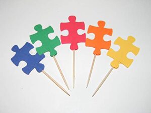 24 primary colored puzzle piece cupcake toppers party decor
