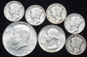 1900 pds era 90% silver coin lot kennedy half, washington quarter, 5 mercury dimes 1/2 us mint vg and better