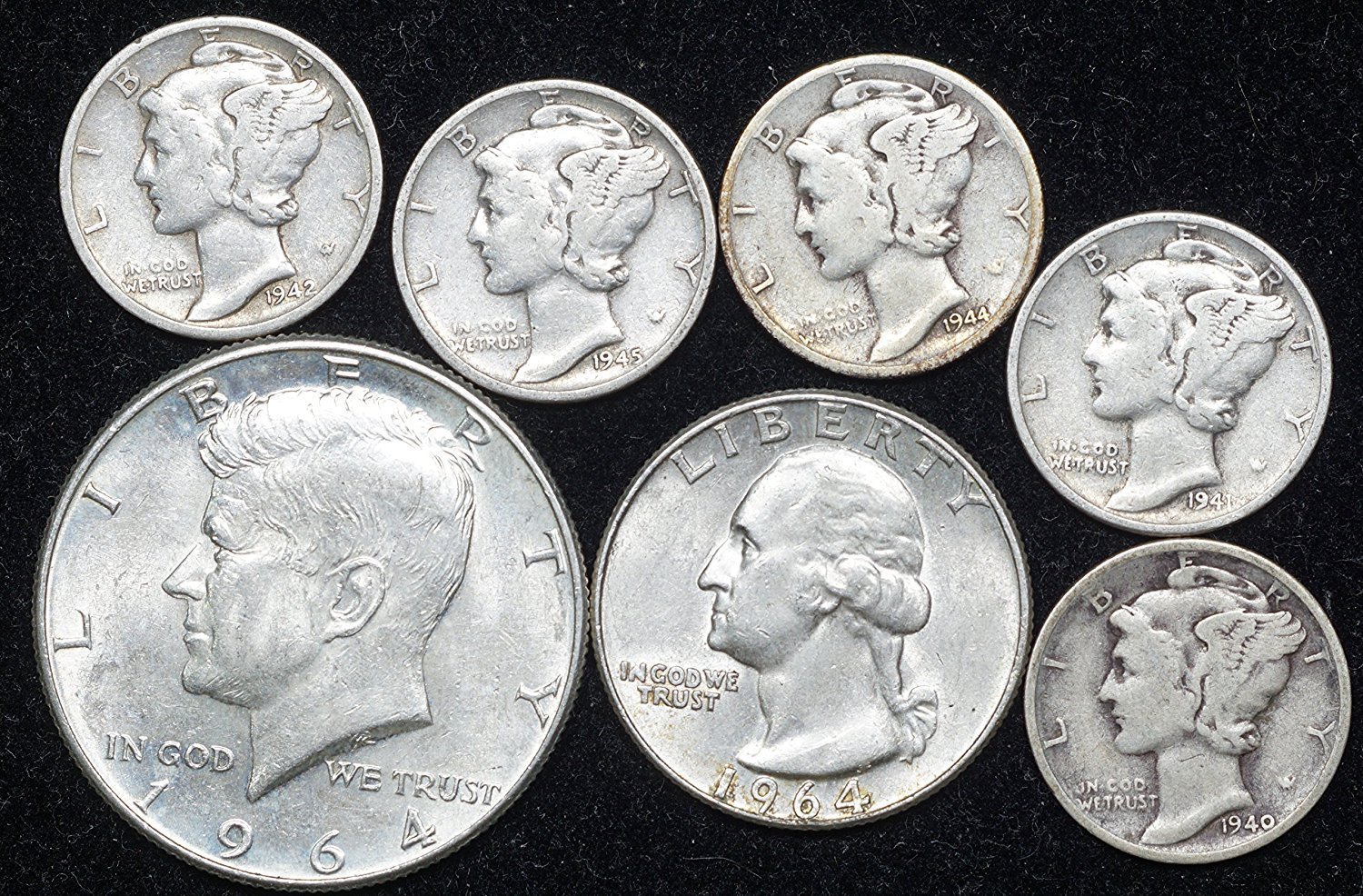 1900 PDS Era 90% Silver Coin Lot Kennedy Half, Washington Quarter, 5 Mercury Dimes 1/2 US Mint VG and Better