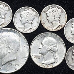 1900 Era 90% Silver Coin Lot - Kennedy Half, Washington Quarter, 5 Mercury Dimes - PD or S Mint Marks - 1/2 US Mint - VG and Better